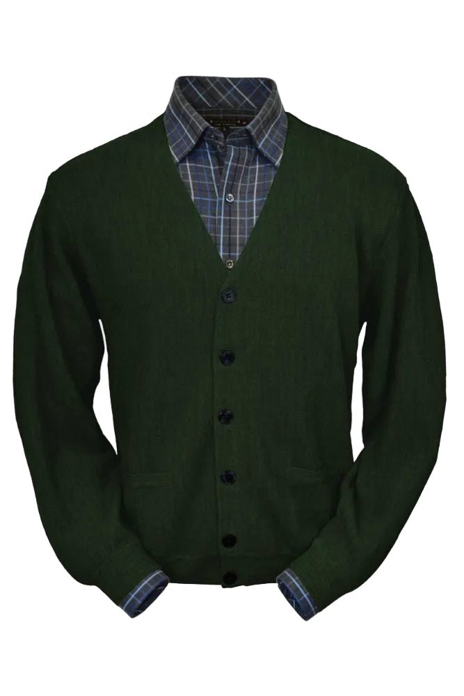 Baby Alpaca 'Links Stitch' V-Neck Cardigan Sweater in Olive Heather by Peru Unlimited