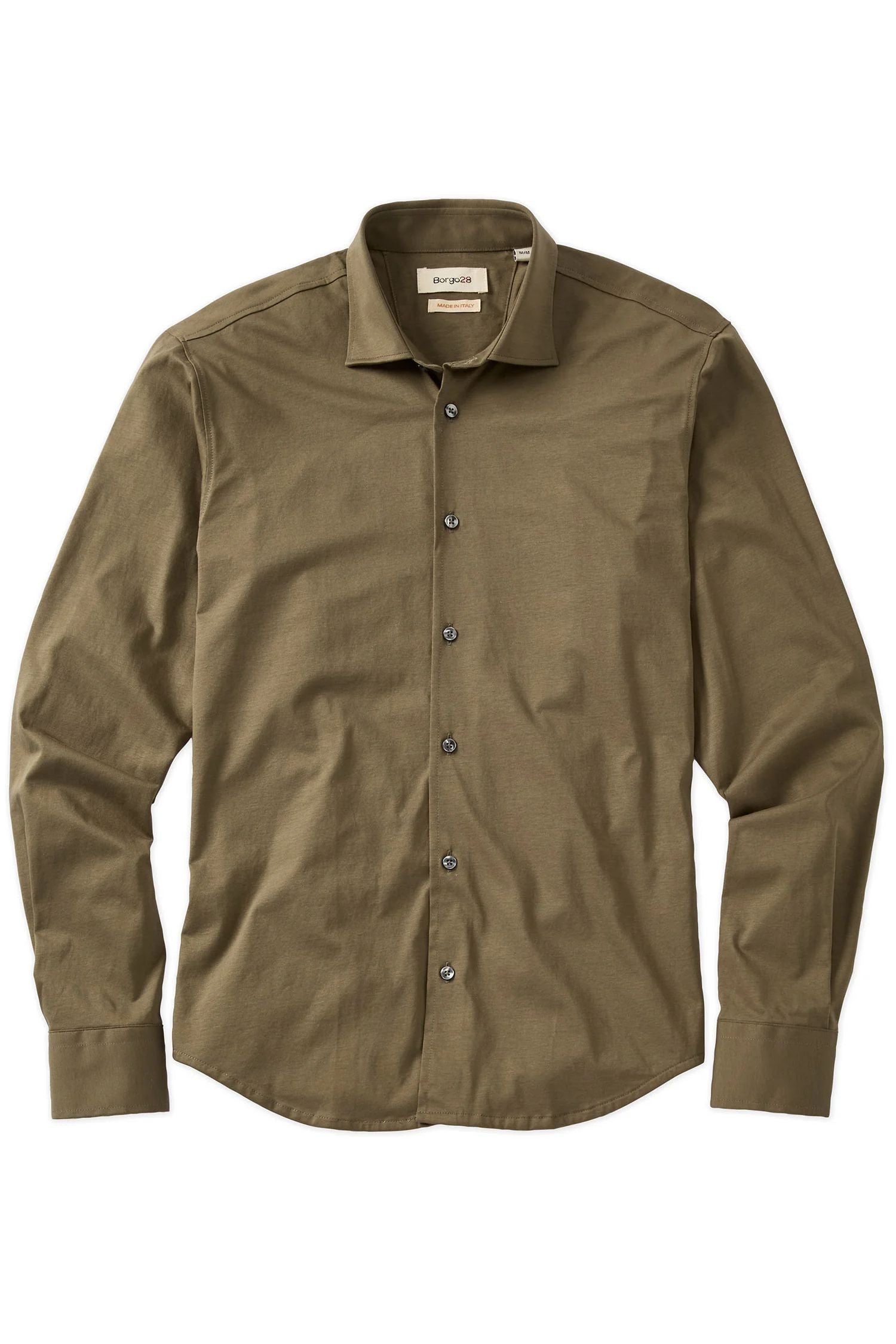 Italian Mercerized Cotton Knit Two-Ply Long-Sleeve Sport Shirt in Khaki by Borgo28