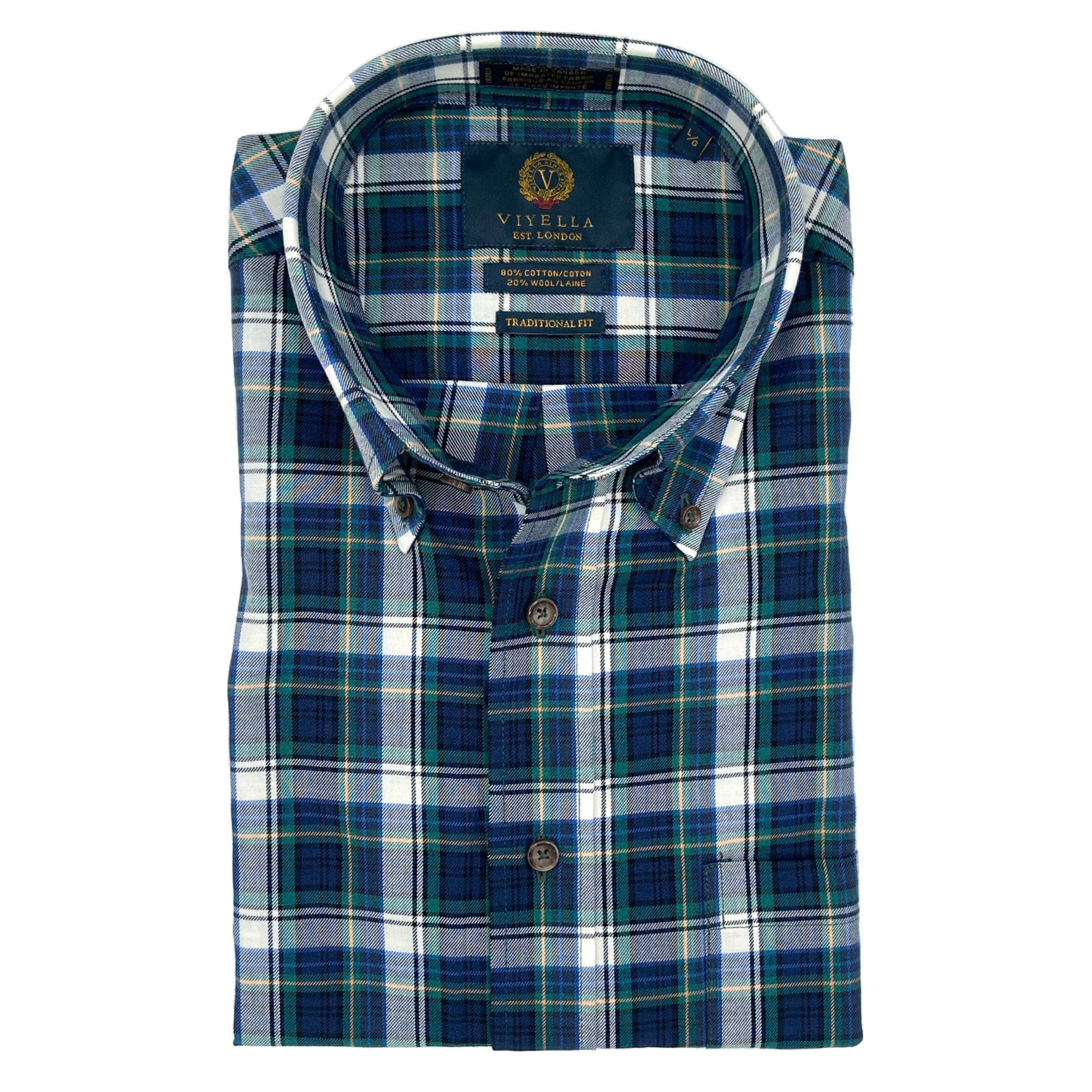 Forest, Blue and Winter White Plaid Cotton and Wool Blend Button-Down Shirt by Viyella