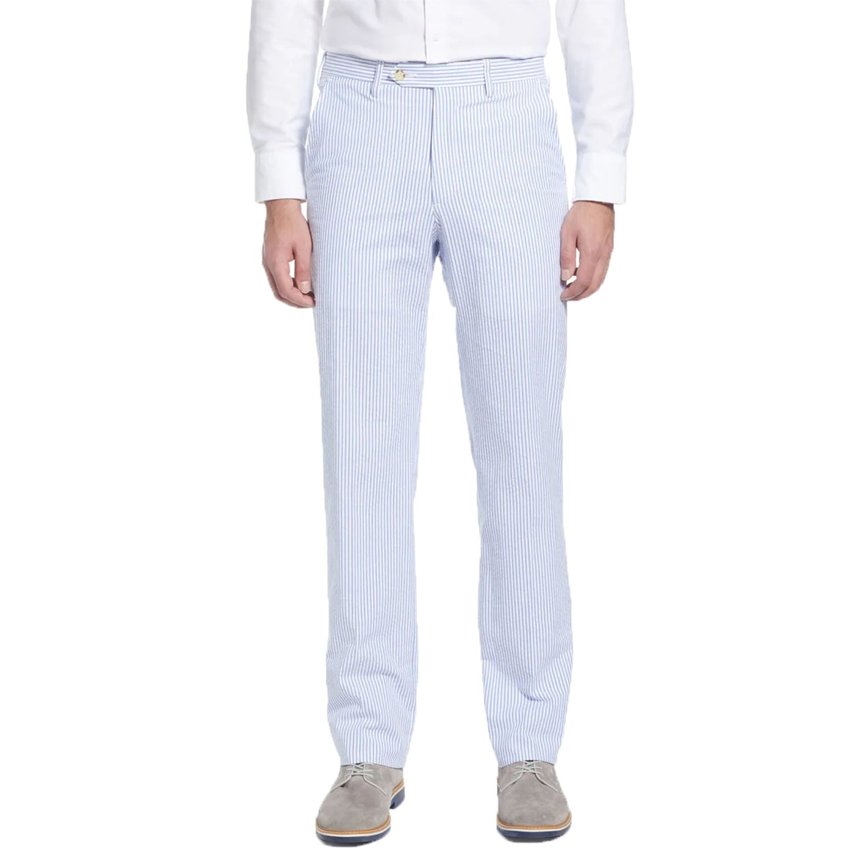 Seersucker Cotton Pant in Light Blue and White (Hampton Plain Front) by Berle
