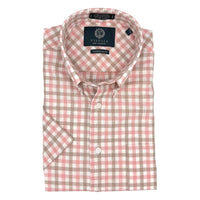 Linen and Cotton Short Sleeve Sport Shirt in Coral and Beige Plaid by Viyella