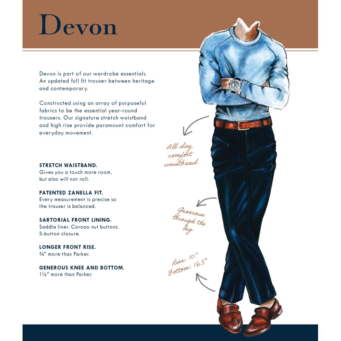 Devon Flat Front Sharkskin Wool Trouser in Navy (Modern Full Fit) by Zanella