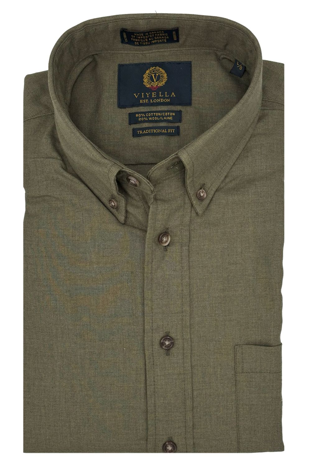 Solid Cotton and Wool Blend Button-Down Shirt in Moss Green by Viyella