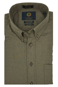 Solid Cotton and Wool Blend Button-Down Shirt in Moss Green by Viyella