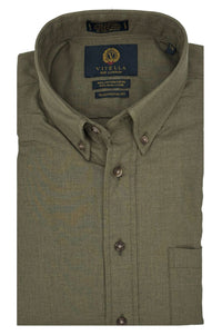 Solid Cotton and Wool Blend Button-Down Shirt in Moss Green by Viyella
