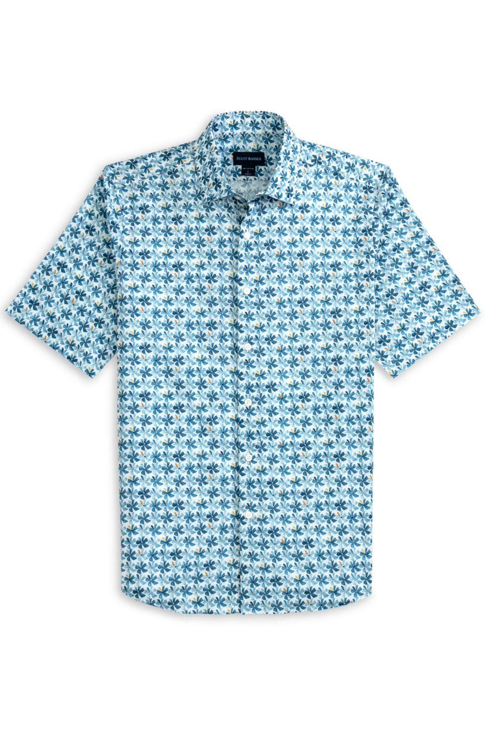 Blue Flower Print Cotton Voile Short Sleeve Sport Shirt by Scott Barber