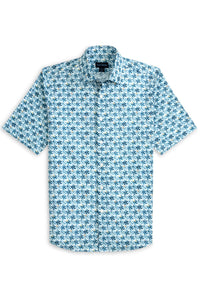 Blue Flower Print Cotton Voile Short Sleeve Sport Shirt by Scott Barber