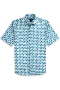 Blue Flower Print Cotton Voile Short Sleeve Sport Shirt by Scott Barber