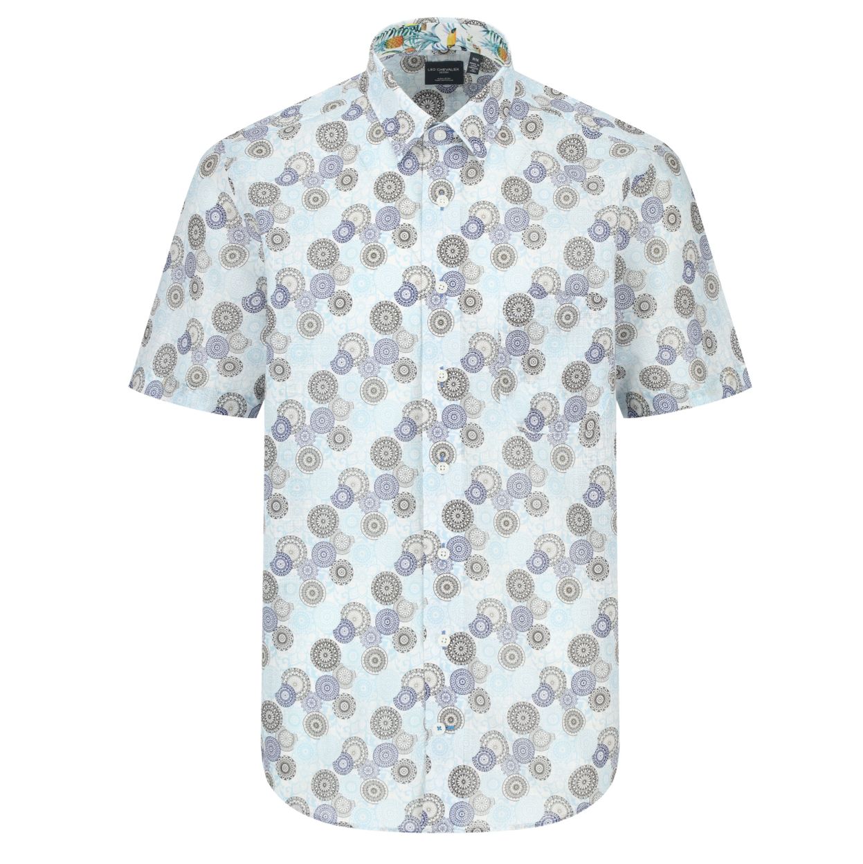 Blue and Brown Medallion Print Short Sleeve No-Iron Cotton Sport Shirt with Hidden Button Down Collar by Leo Chevalier