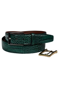 Alligator Grain Embossed Calfskin Belt with Interchangeable Buckles in Gator Green by Torino Leather