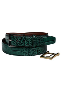 Alligator Grain Embossed Calfskin Belt with Interchangeable Buckles in Gator Green by Torino Leather
