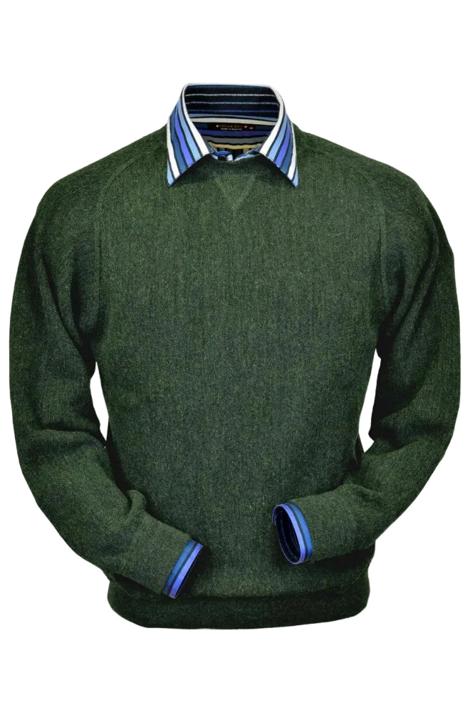 Baby Alpaca 'Links Stitch' Sweatshirt-Style Crew Neck Sweater in Shamrock Green Heather by Peru Unlimited