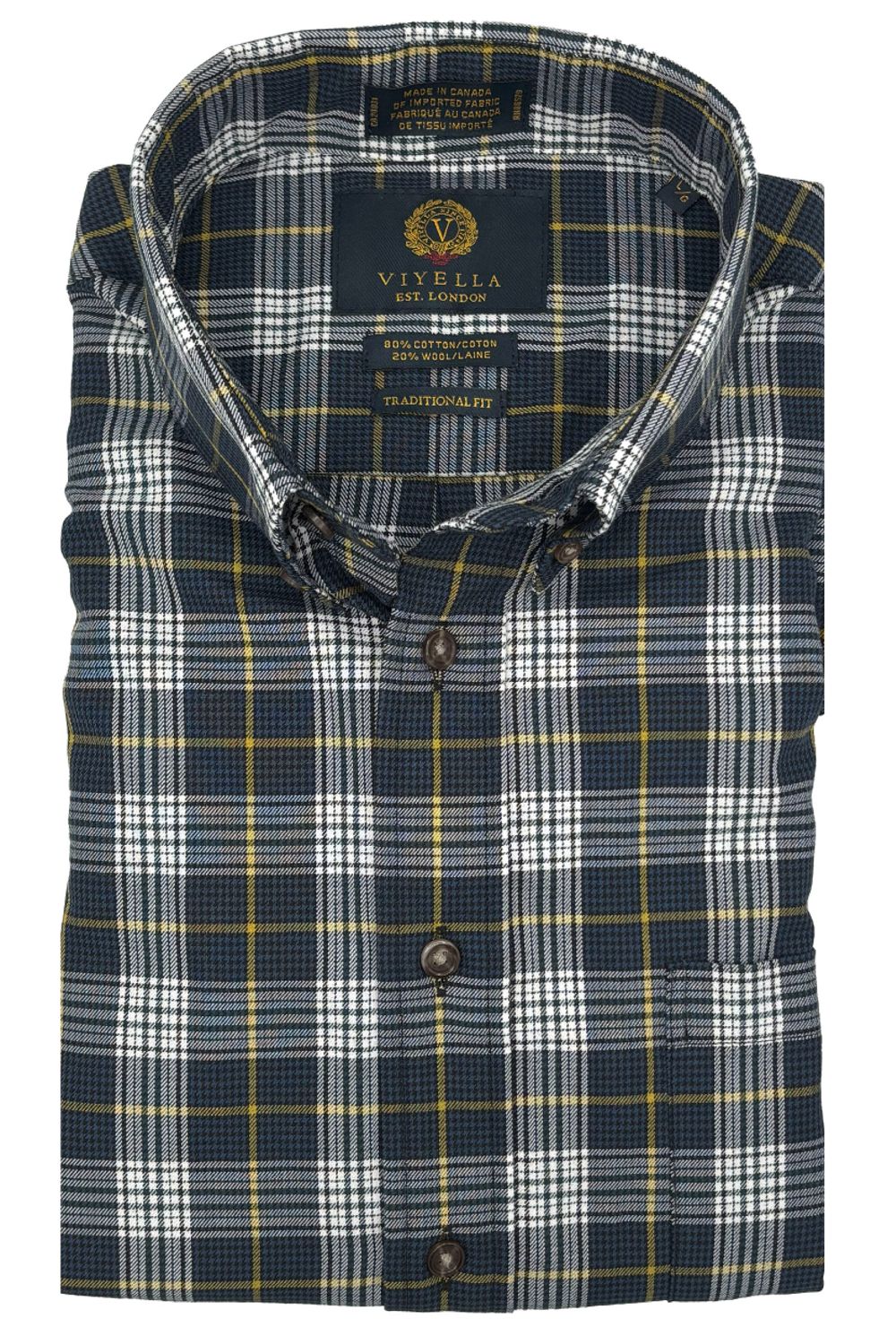 Twilight Blue Houndstooth Plaid Cotton and Wool Blend Button-Down Shirt by Viyella
