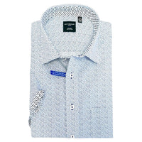 Blue Abstract Print No-Iron Cotton Short Sleeve Sport Shirt with Spread Collar (Size Medium) by Leo Chevalier