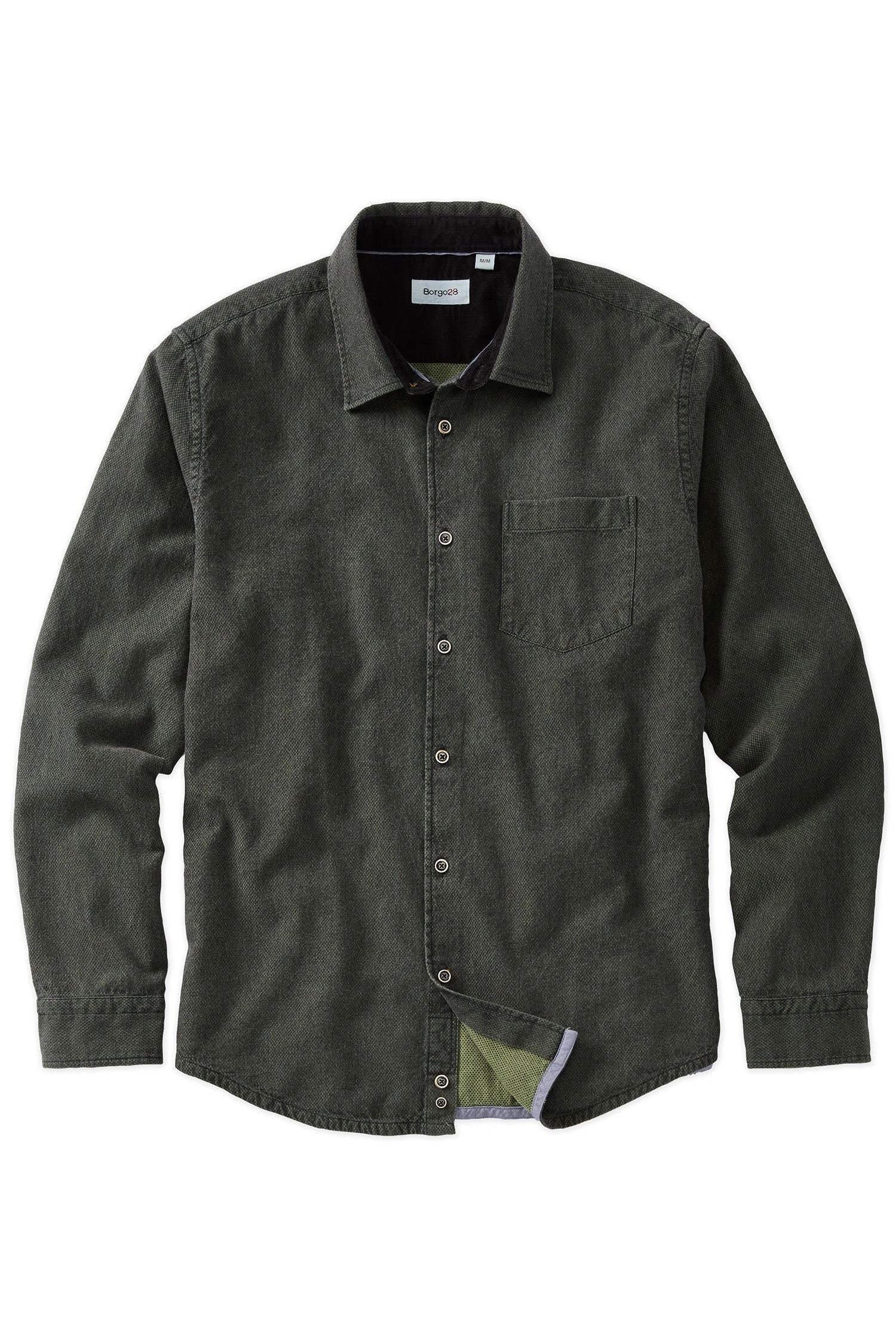Double-Faced Honeycomb Brushed Cotton Long-Sleeve Sport Shirt in Olive by Borgo28