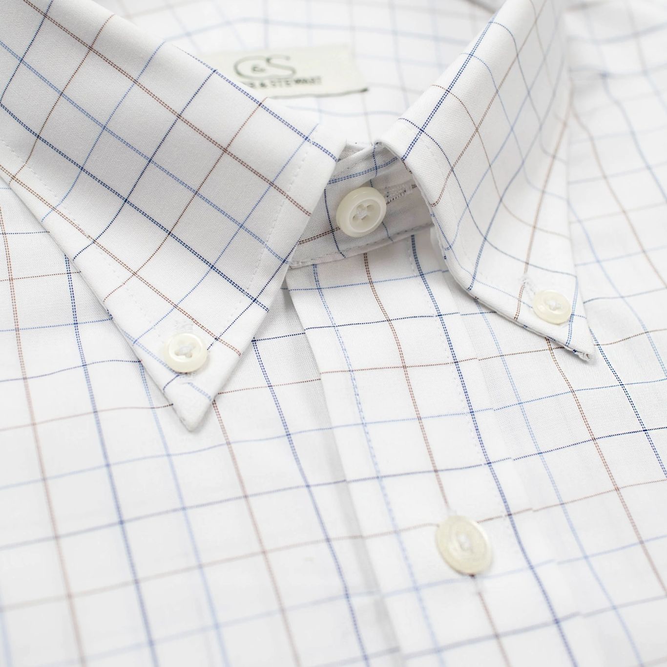 Blue and Tan Check Wrinkle-Free Stretch Cotton Dress Shirt with Button-Down Collar by Cooper & Stewart