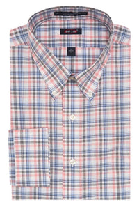 'Julian' Blue, Grey, and Pink Check Long Sleeve Beyond Non-Iron® Cotton Sport Shirt (Tailored Fit) by Batton