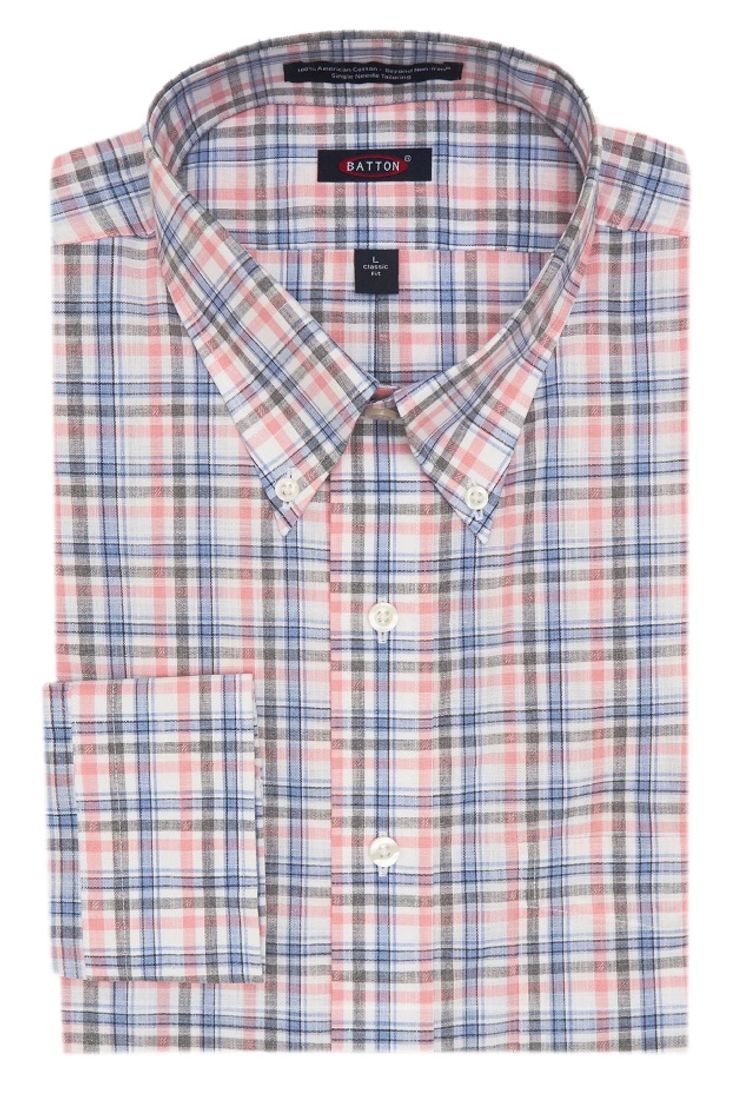'Julian' Blue, Grey, and Pink Check Long Sleeve Beyond Non-Iron® Cotton Sport Shirt (Tailored Fit) by Batton