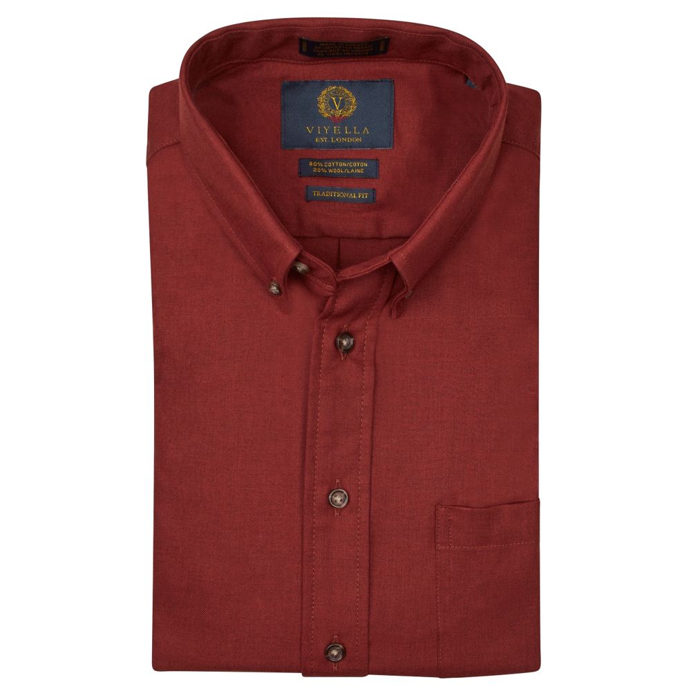 Solid Cotton and Wool Blend Button-Down Shirt in Burgundy by Viyella