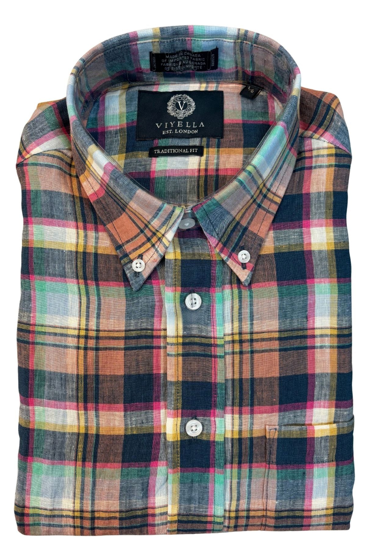 Navy and Orange Multi Plaid Linen Long Sleeve Sport Shirt by Viyella