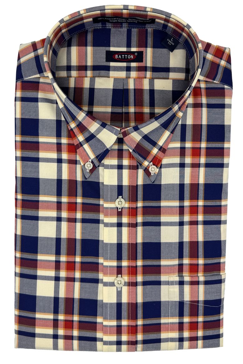 'Vance' Navy, Red, and Winter White Plaid Long Sleeve Beyond Non-Iron® Cotton Sport Shirt by Batton
