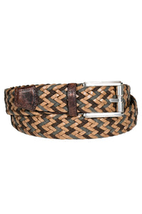 Italian Chevron Weave Belt with Distressed Shrunken Calfskin in Olive/Tan/Brown by Torino Leather