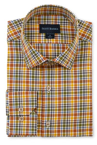 Italian Compact Twill Plaid Cotton Sport Shirt with Button Down Collar in Auburn Multi by Scott Barber