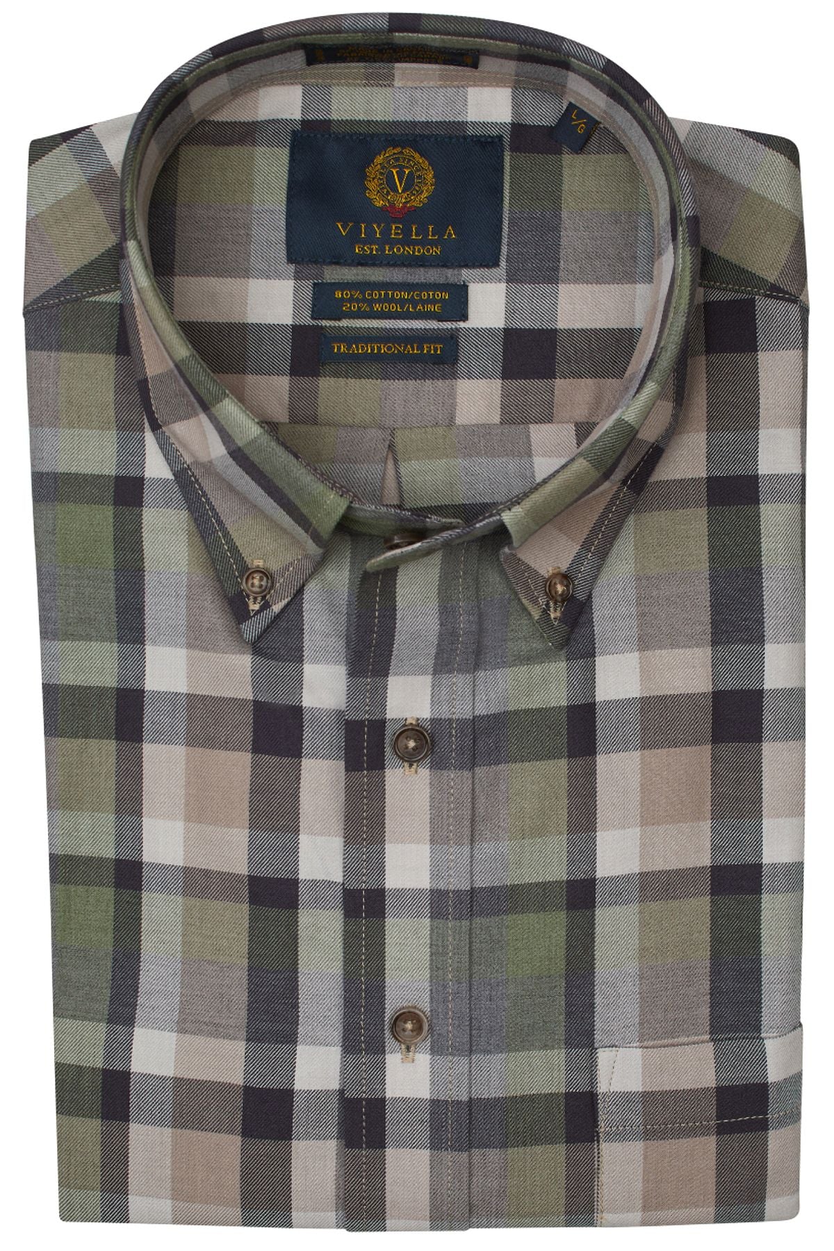 Sage, Taupe, and Grey Plaid Cotton and Wool Blend Button-Down Shirt by