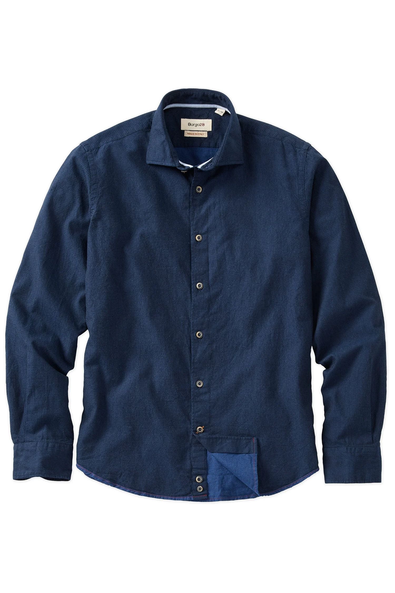 Italian Double-Faced Honeycomb Brushed Cotton Long-Sleeve Sport Shirt in Navy by Borgo28