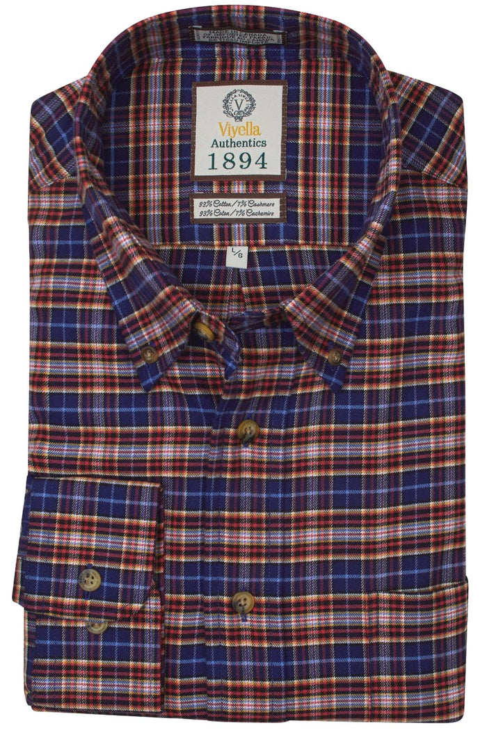 Navy, Spice, and Gold Multi Plaid Cotton and Cashmere Blend '1894 Authentics' Button-Down Shirt by Viyella