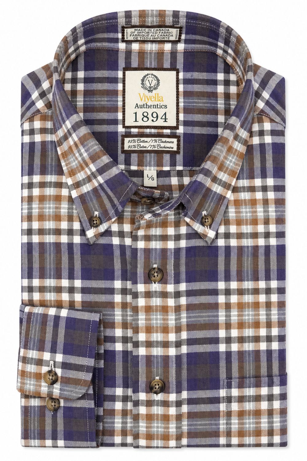 Purple, Camel, and Grey Plaid Cotton and Cashmere Blend '1894 Authentics' Button-Down Shirt by Viyella