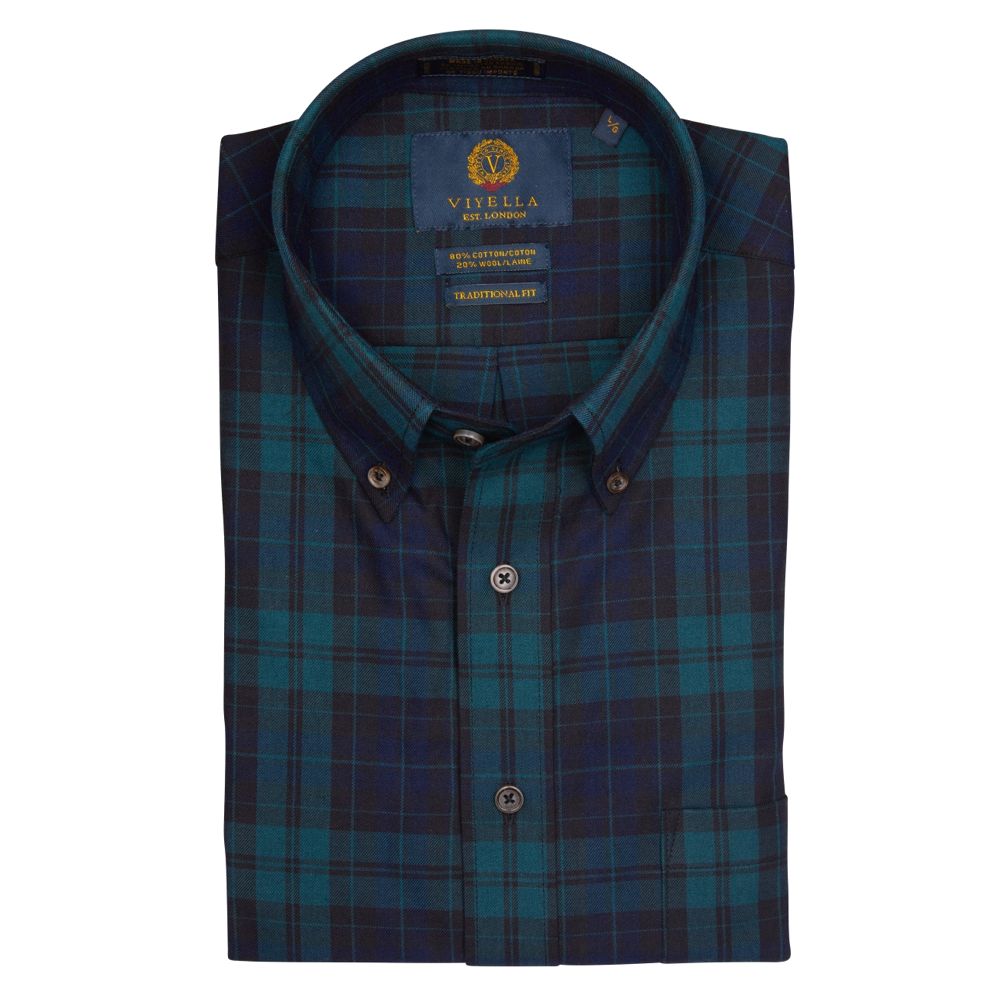 Navy and Green Plaid Cotton and Wool Blend Button-Down Shirt by Viyell