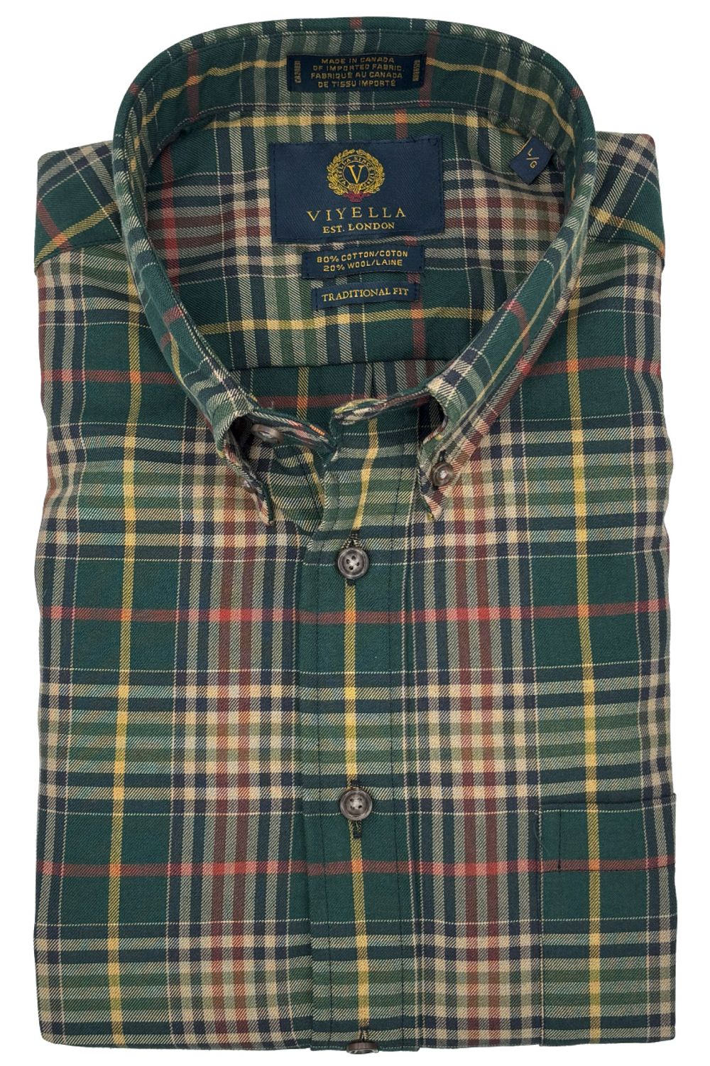 Forest Green Multi Plaid Cotton and Wool Blend Button-Down Shirt by Vi