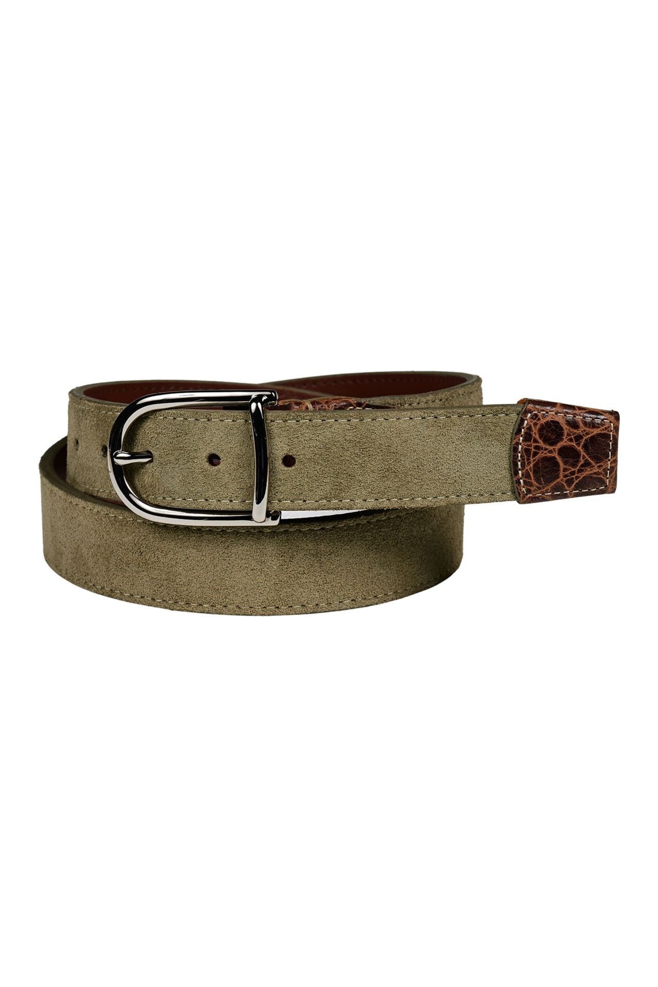 Sueded Calfskin Casual Belt with Crocodile-Embossed Calfskin Tabs in Light Olive by Torino Leather