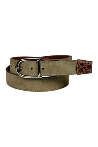 Sueded Calfskin Casual Belt with Crocodile-Embossed Calfskin Tabs in Light Olive by Torino Leather