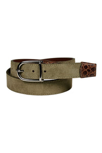 Sueded Calfskin Casual Belt with Crocodile-Embossed Calfskin Tabs in Light Olive by Torino Leather