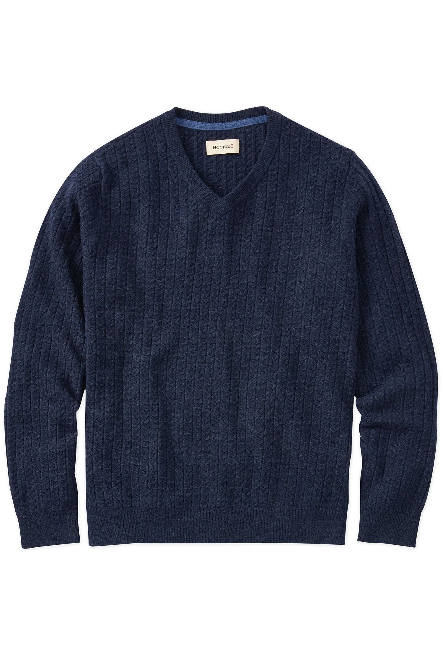 Fine Merino Wool Cable Knit V-Neck Sweater in Indigo by Borgo28