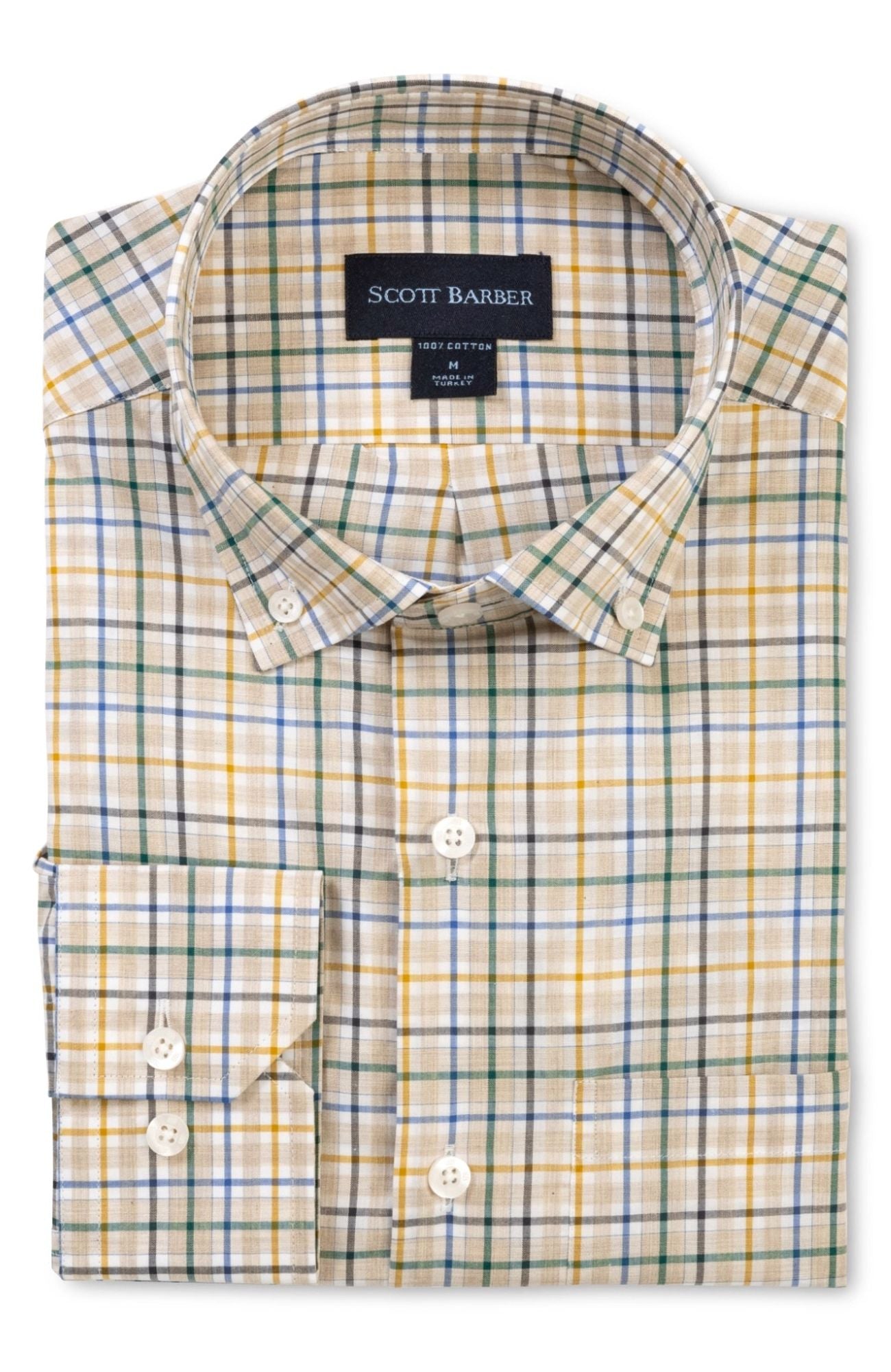 Organic Cotton Mélange Plaid Long Sleeve Sport Shirt with Button Down Collar in Khaki by Scott Barber