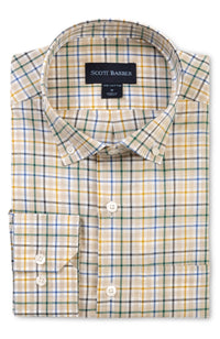 Organic Cotton Mélange Plaid Long Sleeve Sport Shirt with Button Down Collar in Khaki by Scott Barber