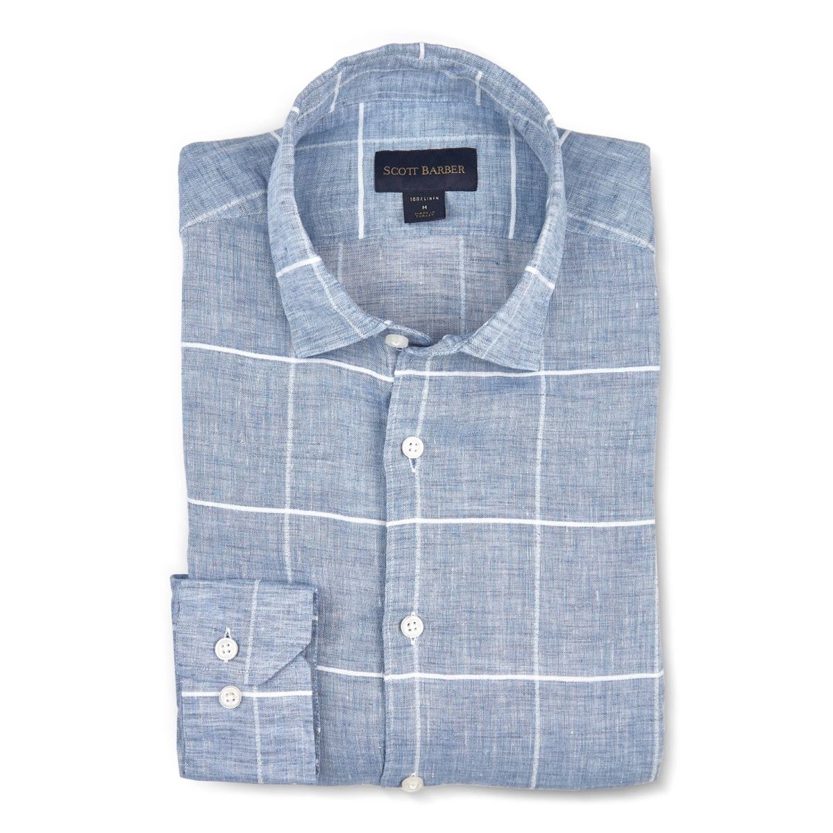 Linen Plaid Long Sleeve Sport Shirt with Hidden Button Down Collar in Chambray Blue by Scott Barber
