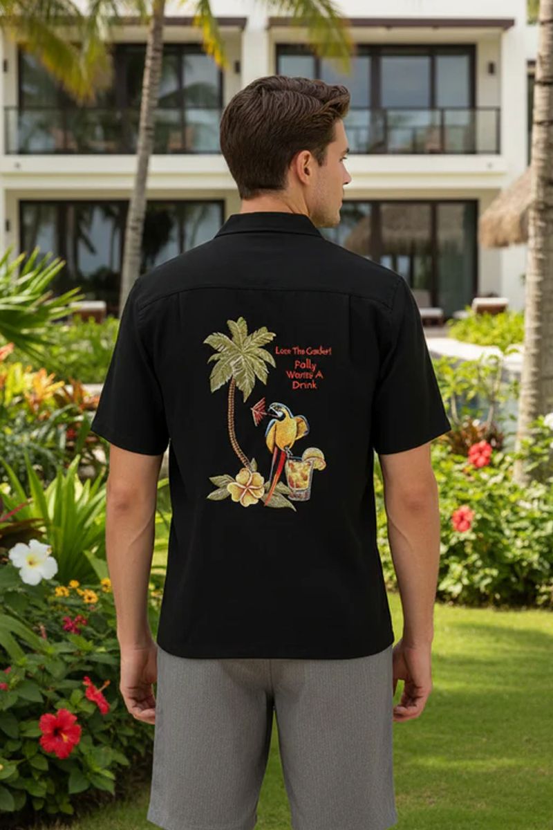 'Polly's Drink' Embroidered Short Sleeve Resort Hawaiian Shirt in Black by Weekender