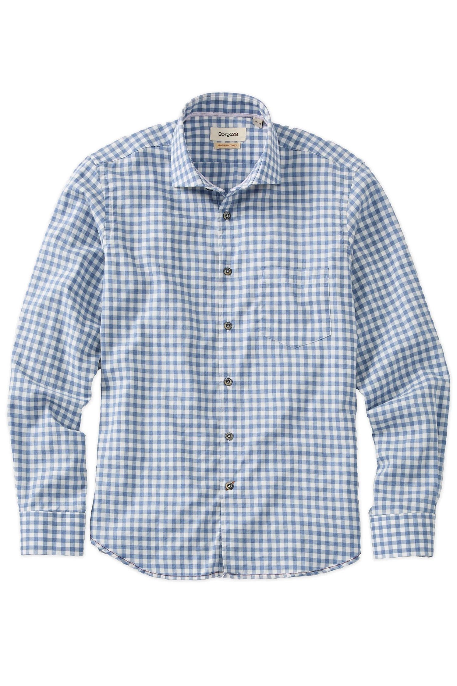Italian Brushed Gingham Long-Sleeve Sport Shirt in Mid Blue by Borgo28