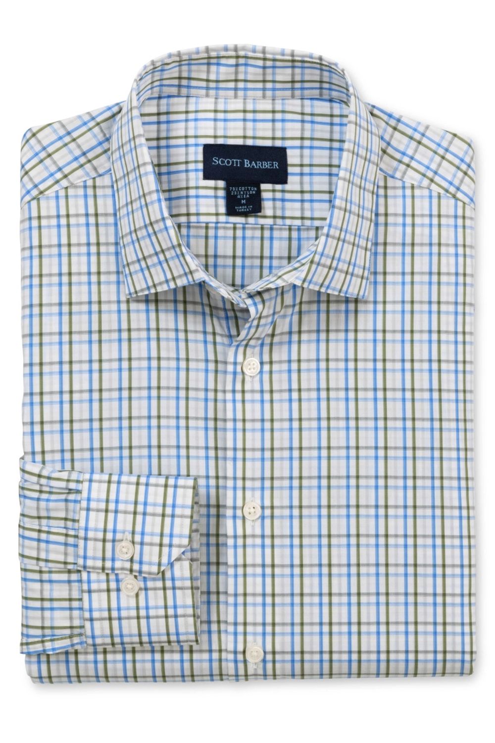 Stretch Tattersall Cotton Comfort Sport Shirt in Sage and Blue by Scott Barber