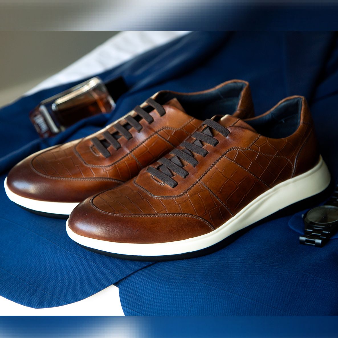 32 Austin Gator Embossed Calfskin Sneaker in Cognac by T.B. Phelps