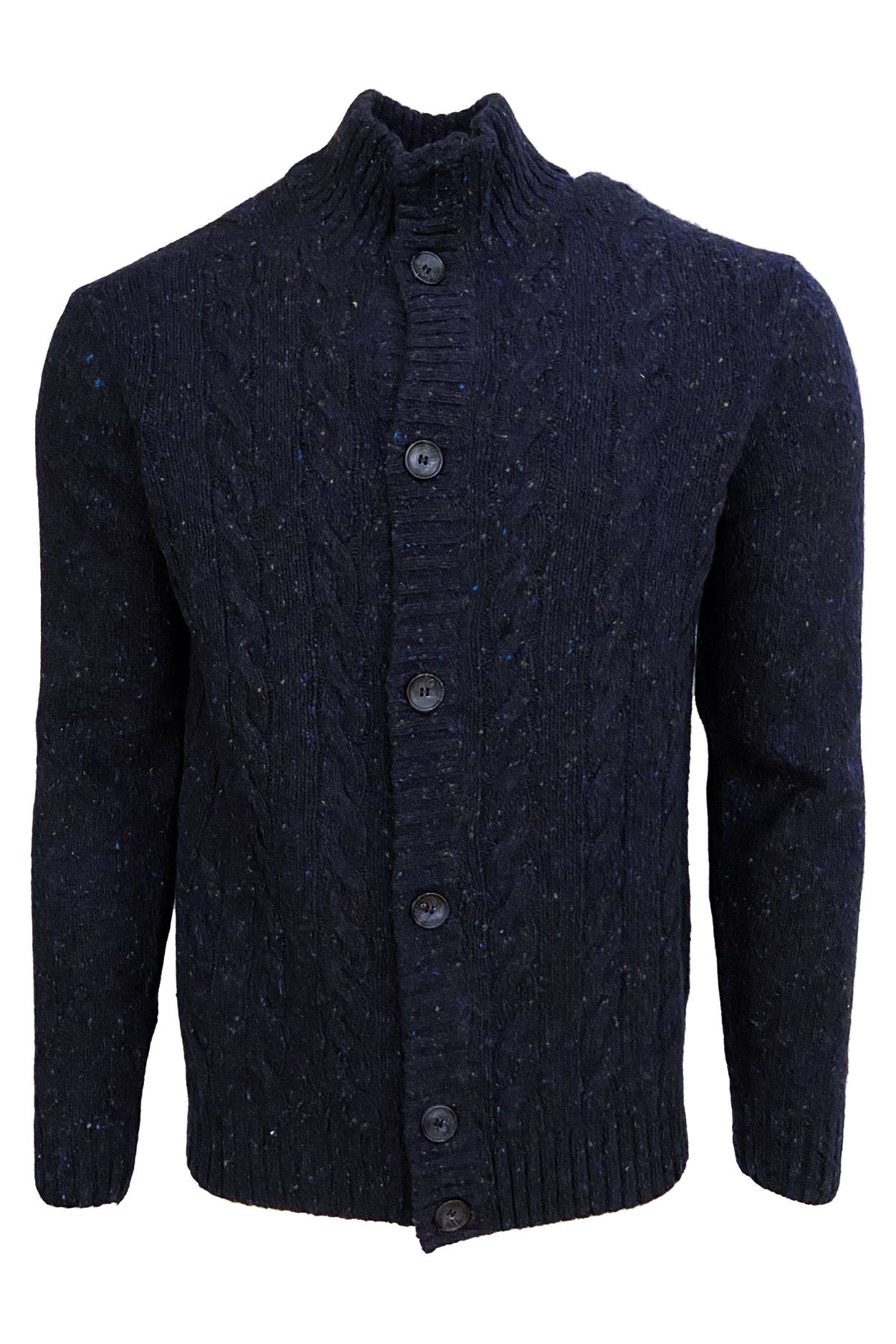 Marled Wool Blend Cable Knit Mock Neck Button-Front Cardigan Sweater in Indigo (Size Large) by Viyella