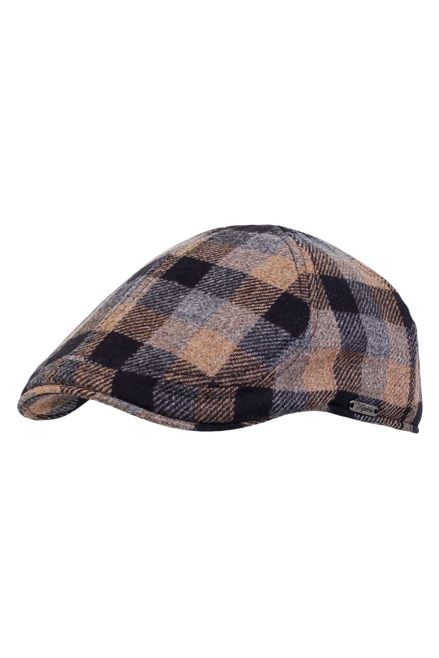 Pub Cap in Wool and Cashmere Beige and Black Windowpane Check by Wigen