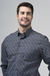 Navy, Sky, and Pink Mini Floral Print No-Iron Cotton Sport Shirt with Hidden Button Down Collar by Leo Chevalier