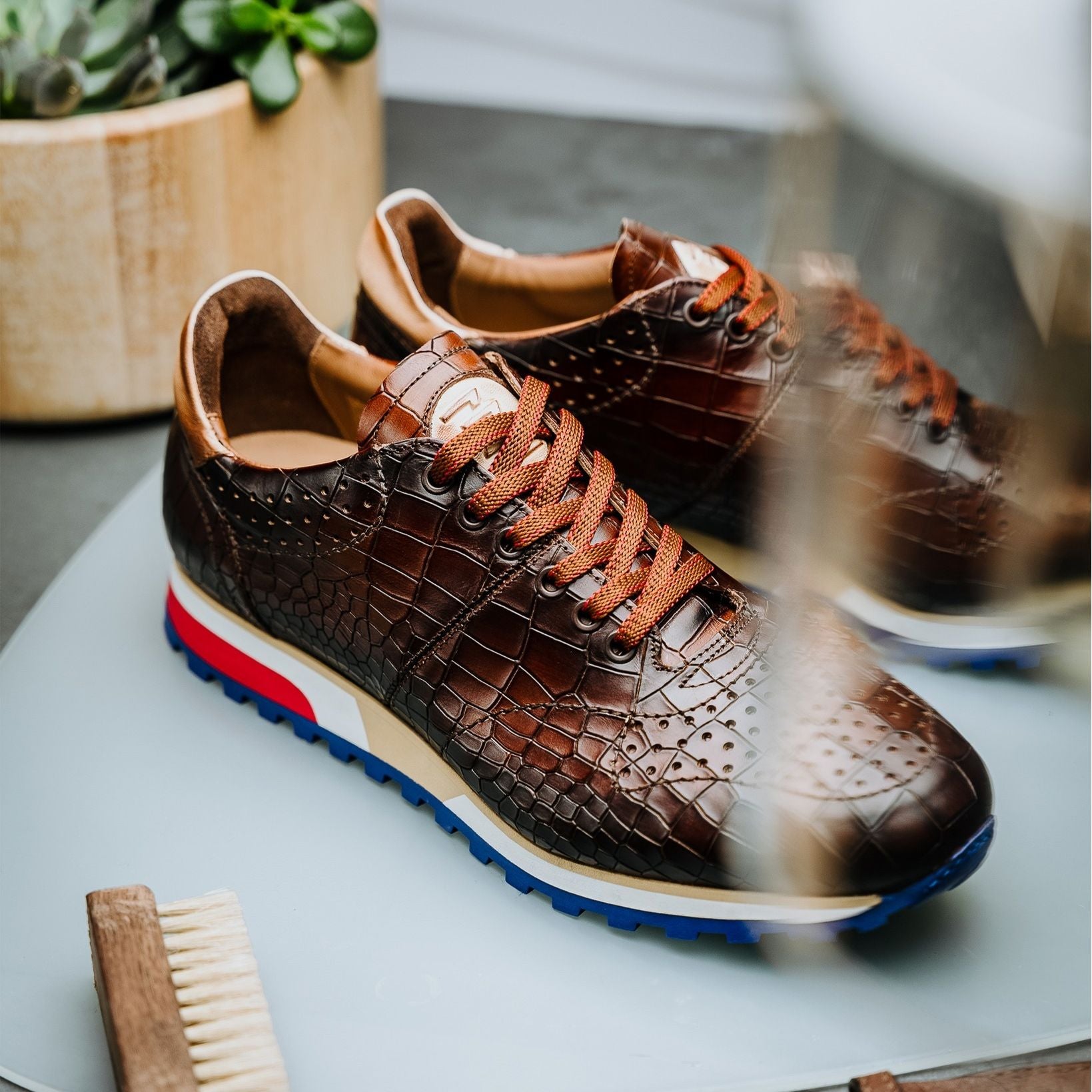 Rocco Crocodile Embossed Calfskin Sneaker in Brown by Zelli Italia