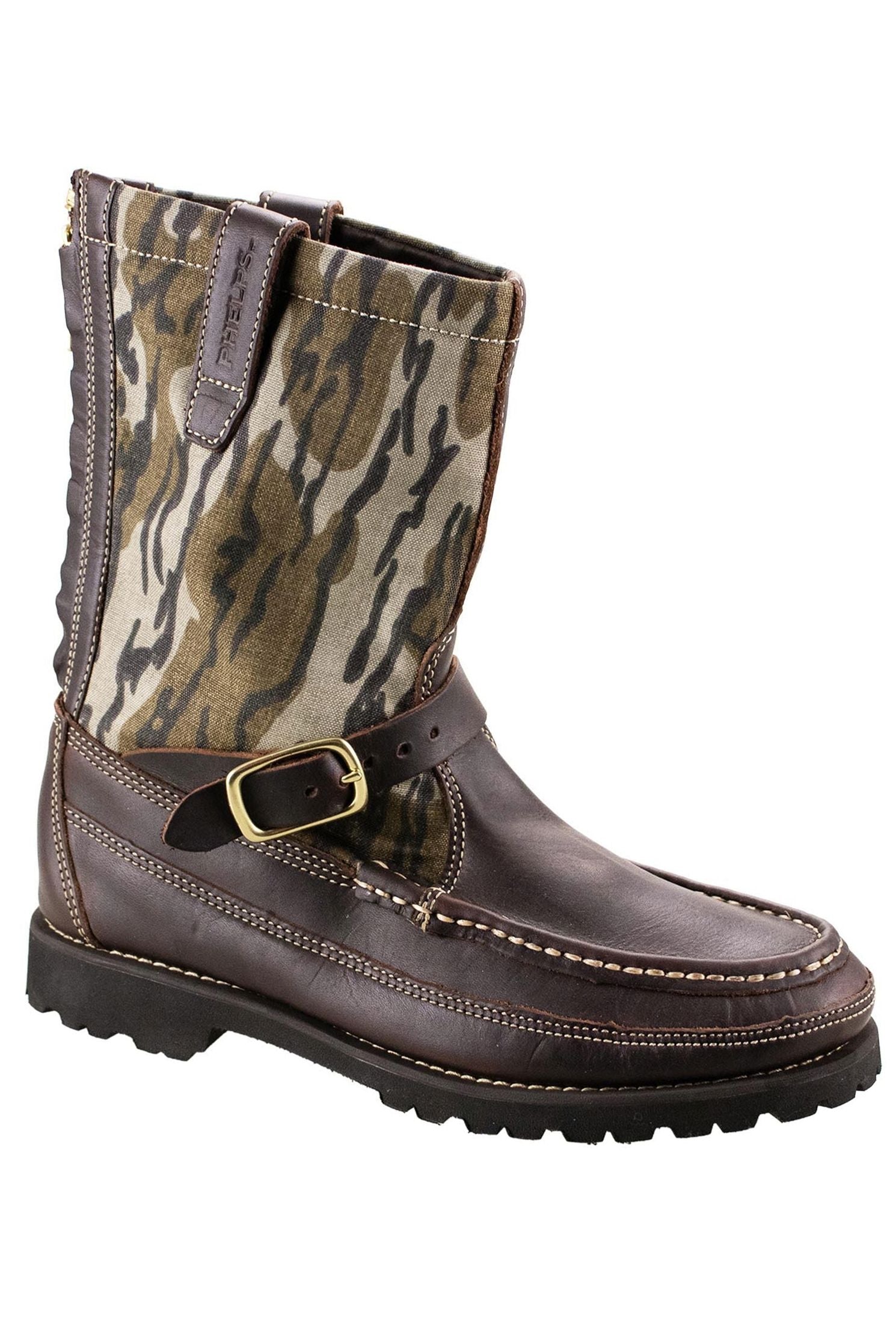 Winfield Oil Tan Leather Hunting Boot in Briar Leather and Bottomlands Camo Canvas by T.B. Phelps