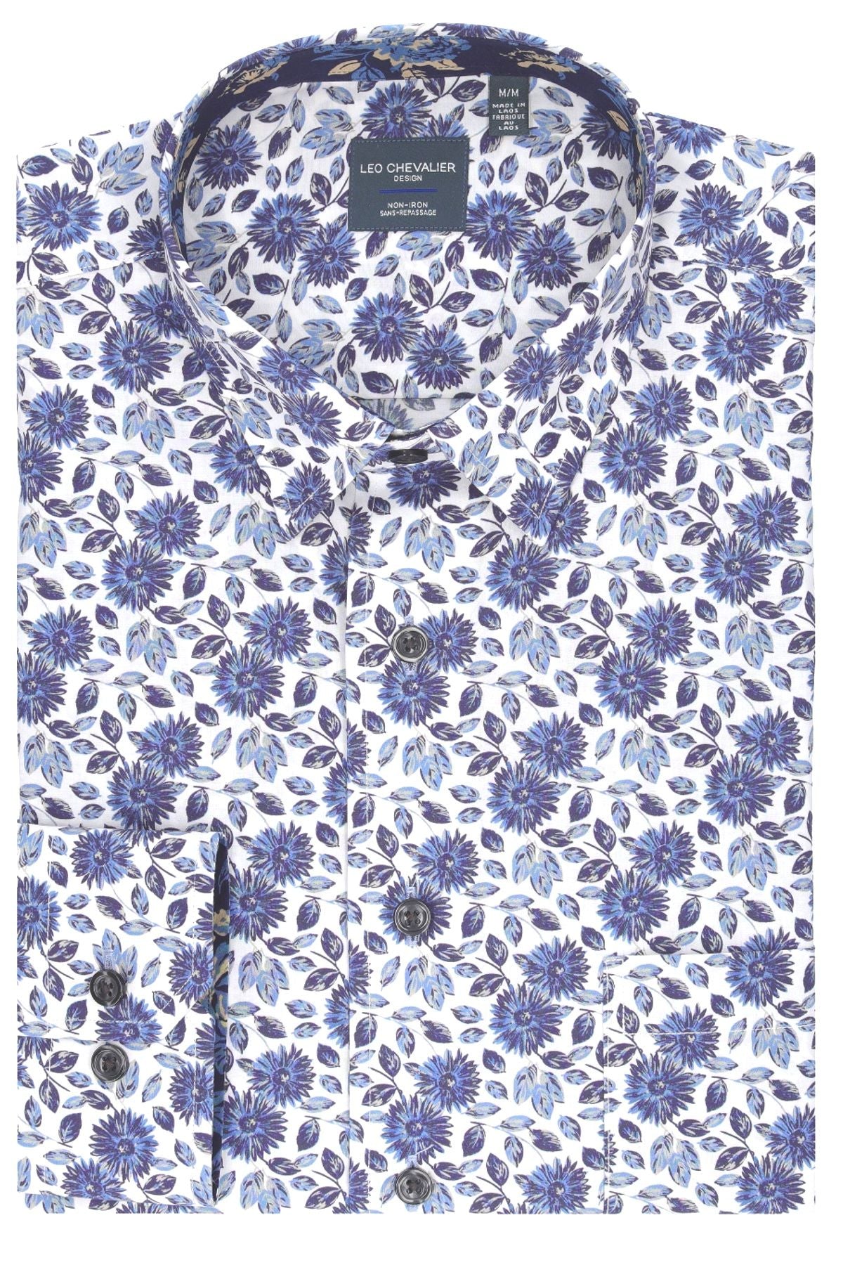 Multi Blue Floral Cotton Sport Shirt with Hidden Button Down Collar by Leo Chevalier